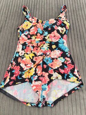 ROSE MARIE REID Swimsuit Womens 16 Black Floral One Piece Pinup Girl Retro